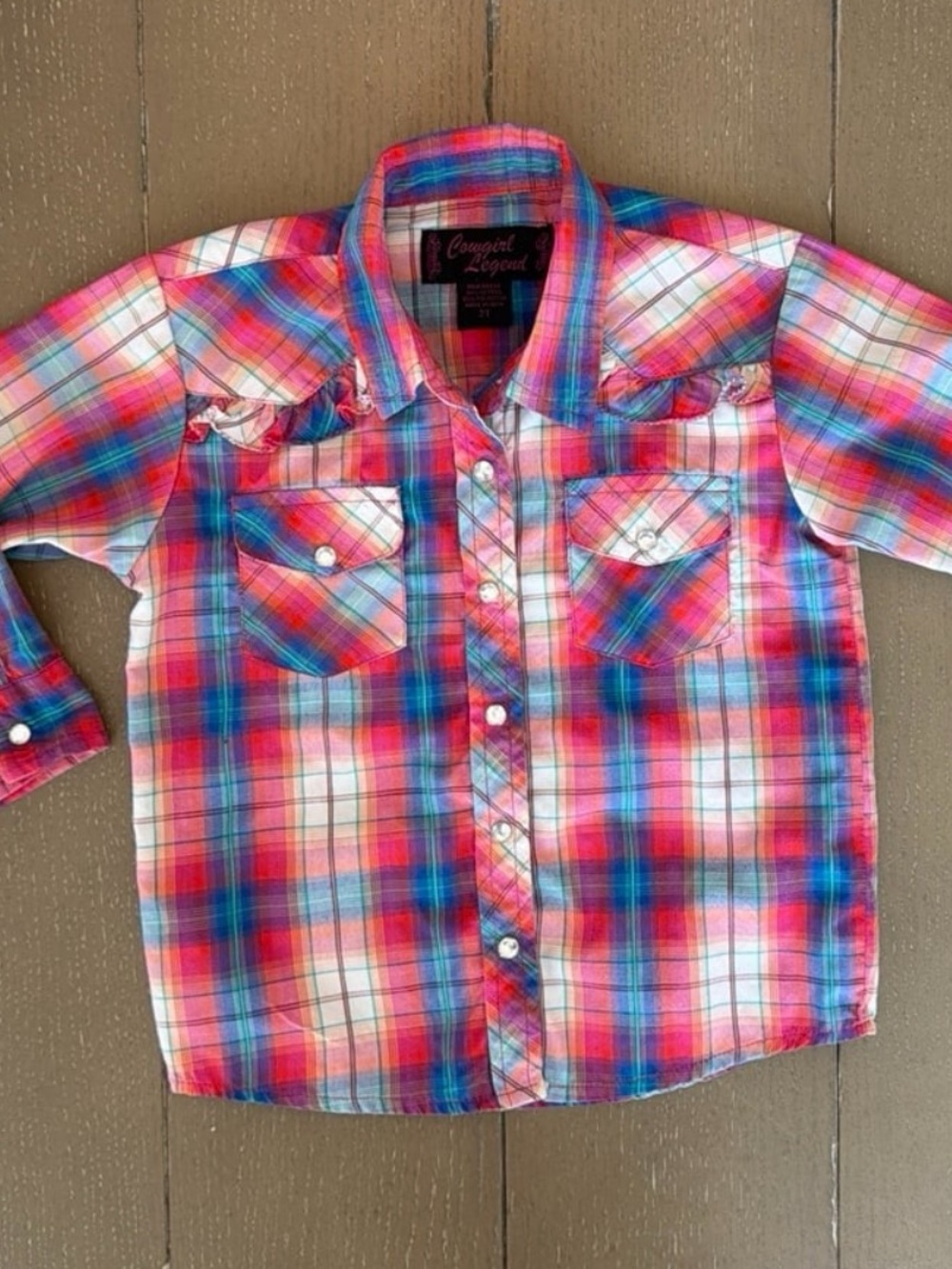 Cowgirl Legend Girls’ Pink Plaid Western Pearl Snaps Rodeo Button Down • Size 2T